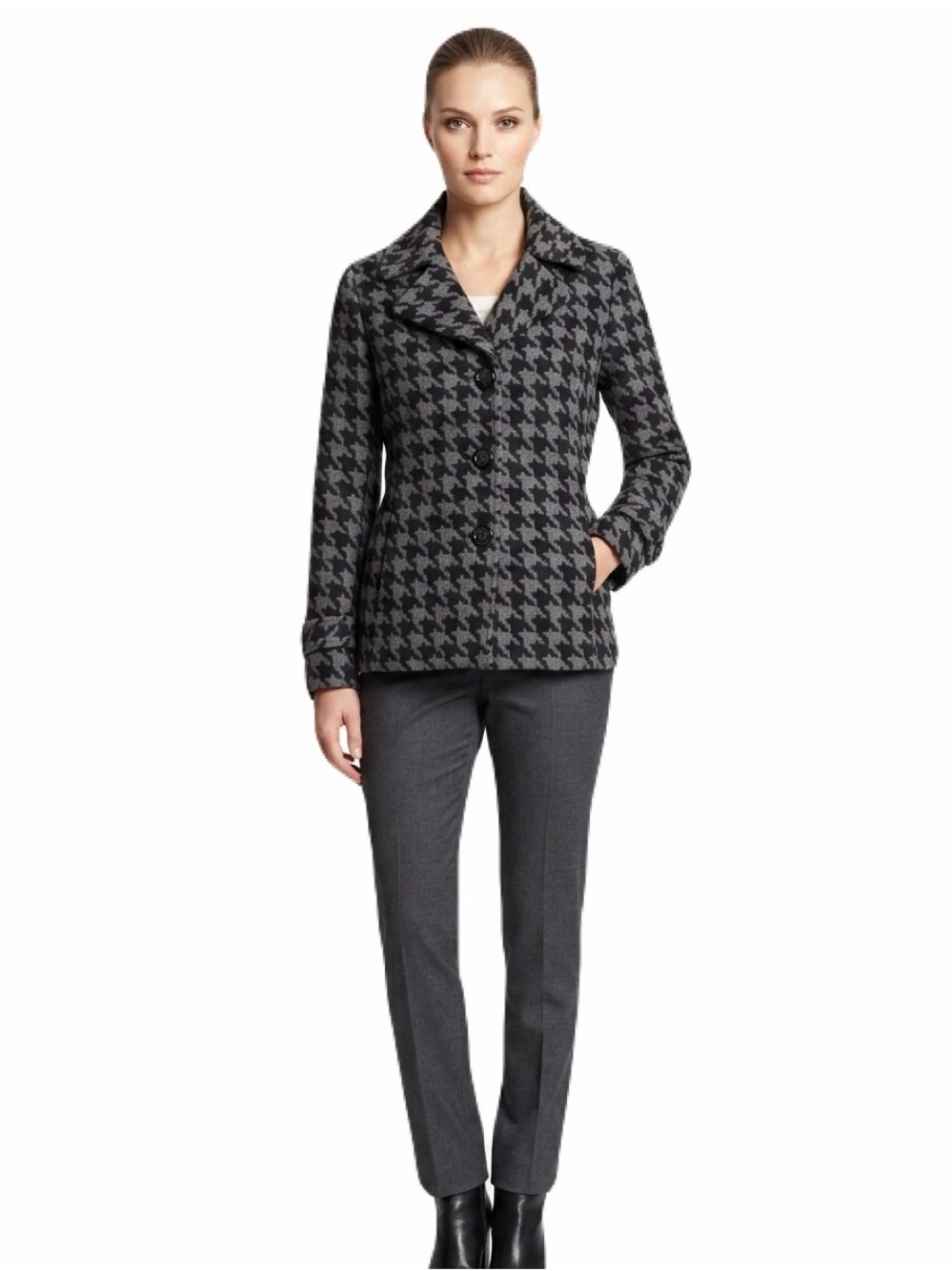 Vintage Classic 1960s Kensie Woman’s Houndstooth Herringbone Plaid Pea Coat